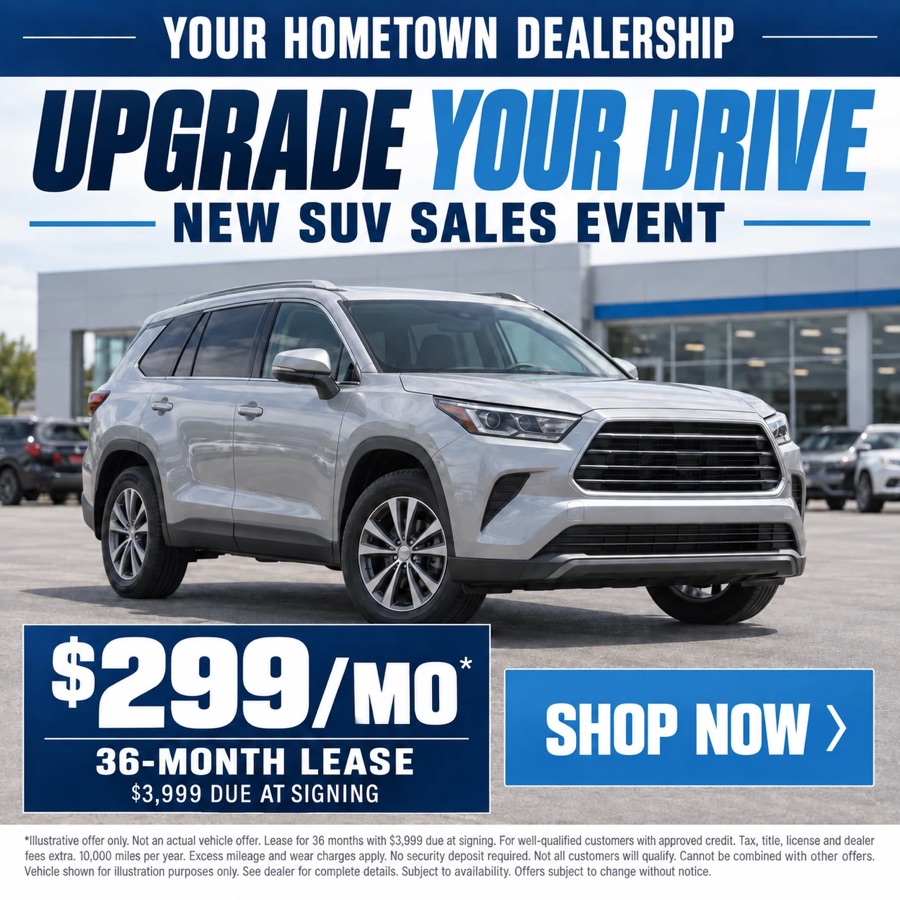 A generic dealership lease ad with a stock SUV and fine print