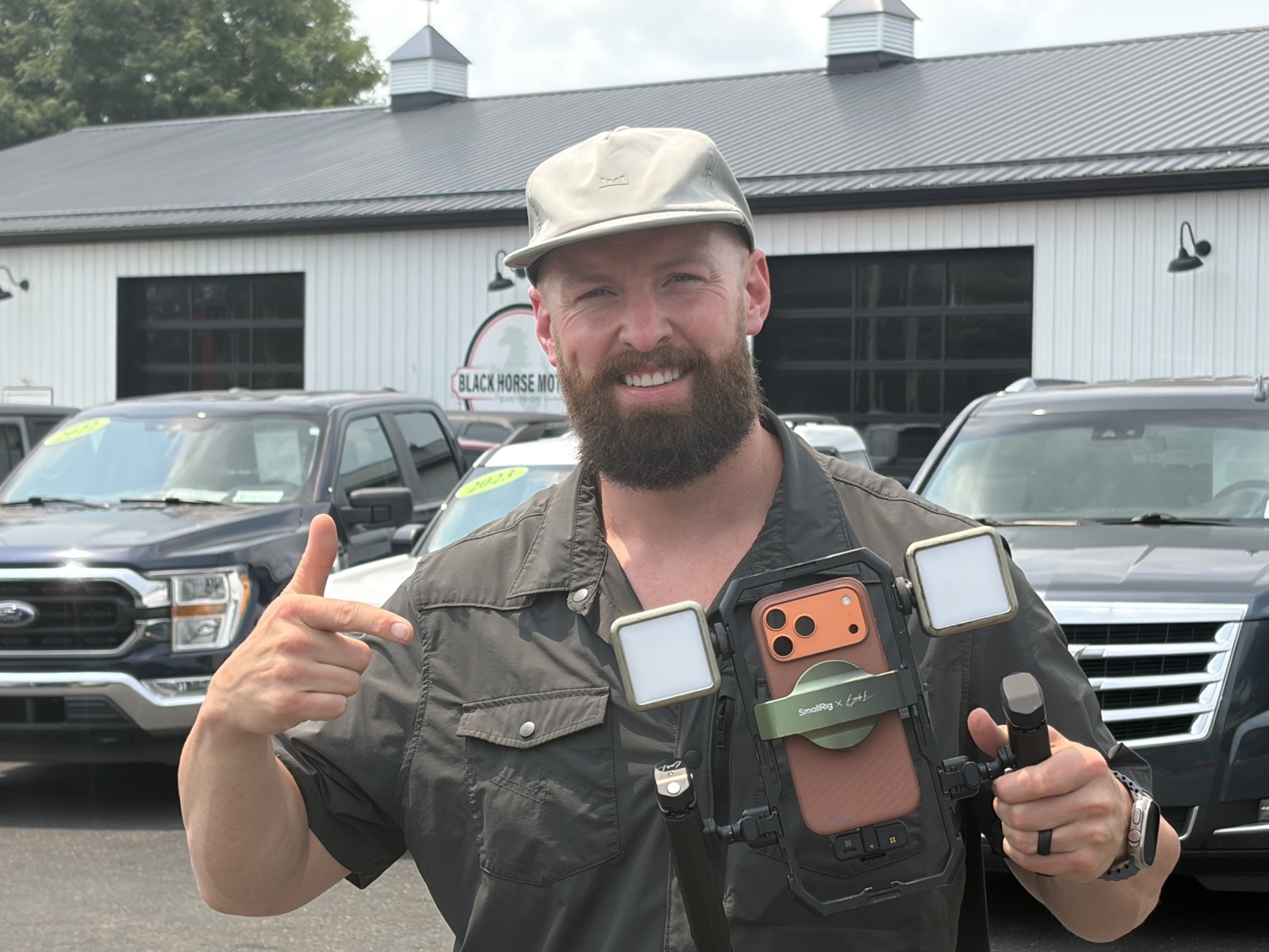 Josh Jams, founder of Jams Creative Co., with his filming rig at Black Horse Motors